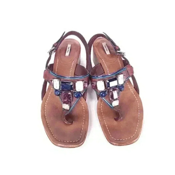Miu Miu Thong Sandal Brown Women's 8 Leather Embellished Block Heel Italy 38.5 - Picture 4 of 8